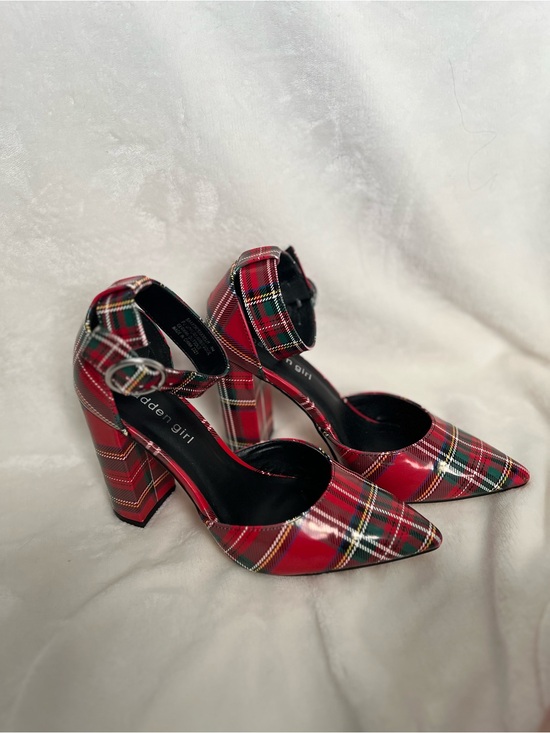 Madden Girl Shoes - Madden Girl Red Plaid Pointed Ankle-Strap Block Heel Pumps